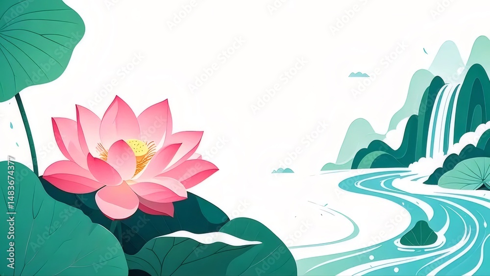 Aufkleber ピンクの蓮の花とターコイズブルーの川が流れる山のイラストと蓮の葉の背景