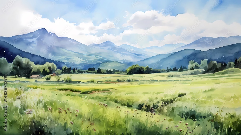Aufkleber 緑豊かな牧草地と山々が広がる穏やかな水彩画の風景 青い空と白い雲が背景の素朴な景色