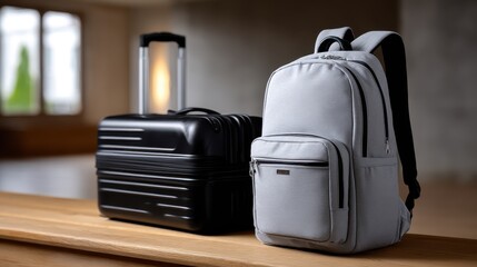 Grey backpack and black suitcase on wooden surface near window, soft light.