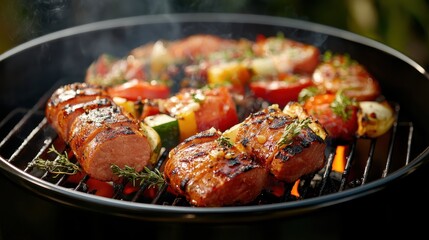 Grilled sausages and vegetables on a barbecue grill, close up view. Summertime food.