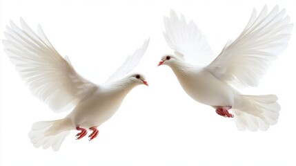 Obraz premium Serene Collage of Two Free-Flying White Doves Against a Pure White Background
