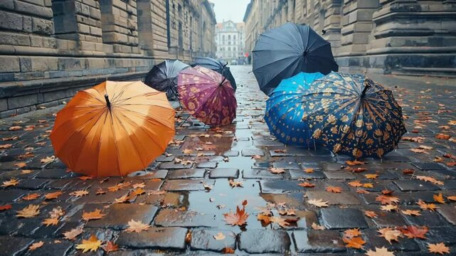Rainy autumn street scene with umbrellas