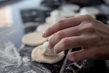 Filling dumplings with cottage cheese. Traditional Ukrainian varenyky with cottage cheese — step-by-step process of home cooking. Hands at work, fresh ingredients and authentic Eastern European cuisin