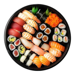 Assorted sushi set including nigiri, maki, and rolls arranged in a wooden bento box isolated on white transparent background, showcasing Japanese cuisine variety