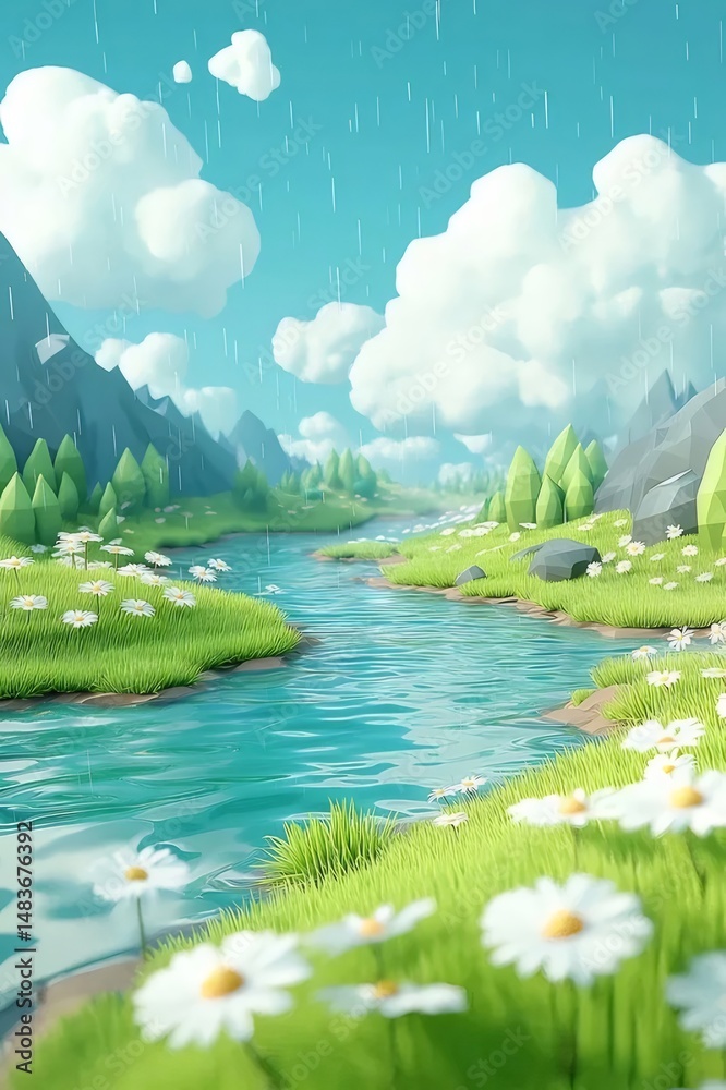Poster 山々と穏やかな川のピクセルアート風景 白いデイジーの花が咲く緑の牧草地 雨が降る水色の空の下 自然の背景