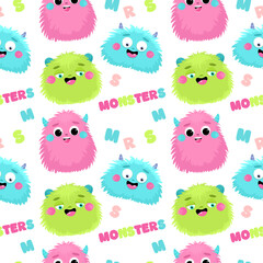 Seamless pattern with cute fluffy monsters, children's print.