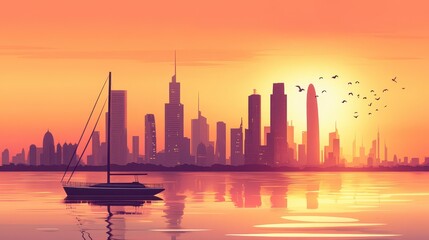 Stunning Kuwait City Skyline at Sunset with Boats on the Water, Showcasing Iconic Skyscrapers and Towers - A Travel Landmark Experience