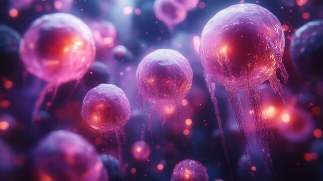 Floating, glowing, pink spheres in dark space - Powered by Adobe