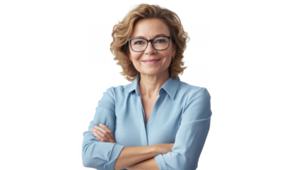 Professional woman in blue suit with arms crossed, isolated on transparent background
