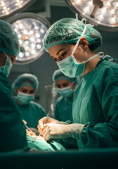 Female surgeon in green scrubs and mask is performing intricate surgery in modern operating room, with bright surgical lights illuminating the focused team and advanced medical equipment in background