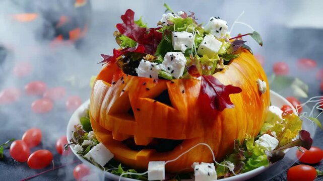 Seasonal autumn salad with feta cheese and arugula in baked pumpkin. Halloween culinary decorations for restaurant menu.