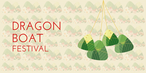 Dragon Boat Festival background with zongzi, rice, pork, eggs, shiitak mushrooms and pattern light green color. Vector illustration for Duanwu Festival