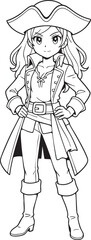 pirate girl in manga style with hat and coat holding weapon in line art design for coloring books

