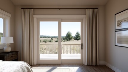 Obraz premium Bright bedroom with scenic view through sliding doors, inviting nature indoors, complemented by neutral curtains and natural light.