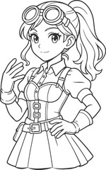 steampunk anime girl with mechanical goggles and corset outfit line art drawing for coloring books

