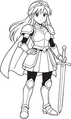 fantasy manga style female warrior with sword and cape standing in battle pose line art for coloring books