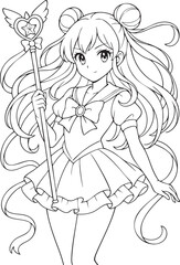 fantasy magical anime girl with sparkling long hair and wand manga line art for coloring books


