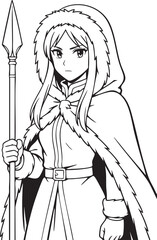 female warrior with spear and hooded cloak manga fantasy character line art illustration

