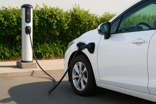 Recharge par câble d'une voiture électrique sur une borne de recharge.