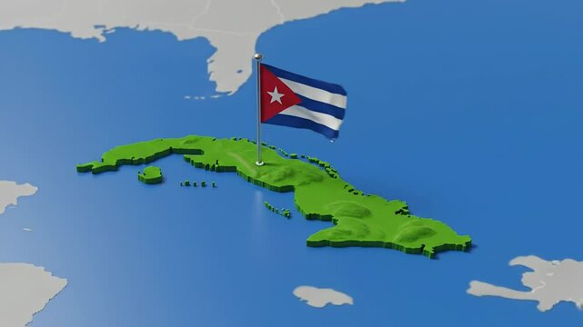 Viewing 3D Map of Island Country with Waving Flag