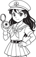 cute manga schoolgirl with sailor uniform holding magical compact mirror, black and white anime for coloring book 