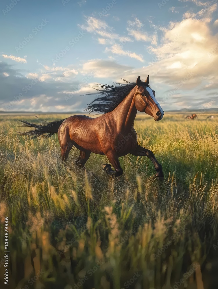 Poster 草原を疾走する茶色の馬、青空と雲のある風景、夏の夕暮れ時の自然光