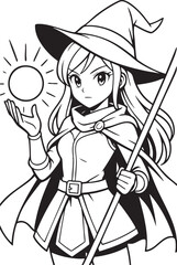 
manga style witch girl holding glowing magic orb wearing cloak and hat fantasy line art

