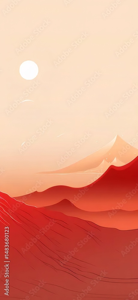 Poster 赤い山々 と 白い太陽 の ミニマル な 8 ビット スタイル の 風景
