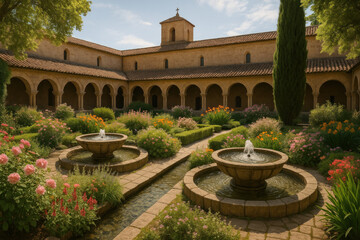 Courtyard with a fountain surrounded by lush green plants.