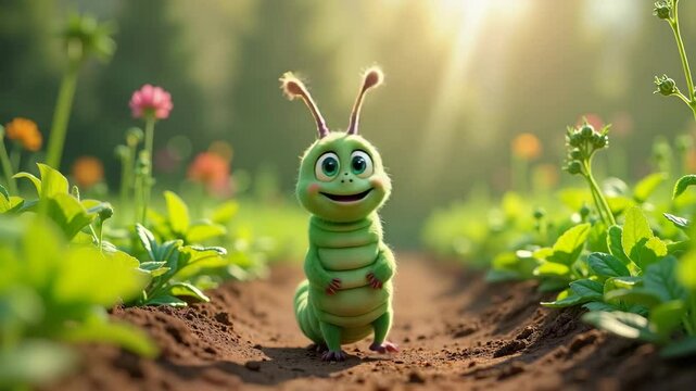 A cheerful caterpillar dances on the path between the beds