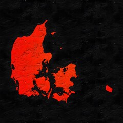 Denmark red map on isolated black textured background. High quality coloured map of Denmark.