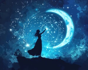 Celestial Woman Gazing at Zodiac Symbols - Horoscope Signs Illuminated in the Night Sky