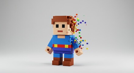 Dynamic studio shot of a charming pixelated 3D character, reminiscent of retro video game avatars, with its blocky construction, brown hair, and blue attire