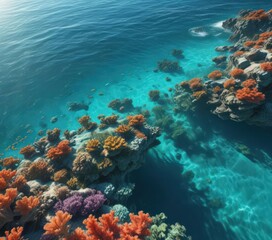 Fototapeta premium Sun-dappled turquoise ocean surface, vibrant coral reef below , image, coral