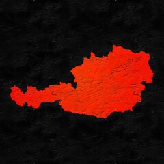 Austria red map on isolated black textured background. High quality coloured map of Austria.