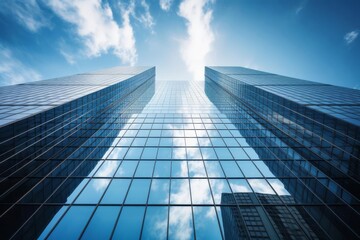 Low-angle shot of two glass skyscrapers against a blue sky with clouds, reflecting the sky in their facades.