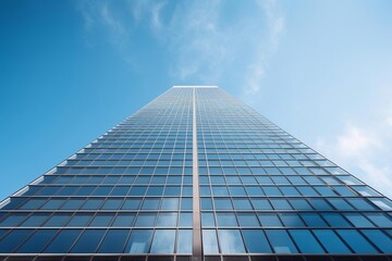 Low angle view of a tall, modern glass skyscraper reaching towards a blue sky with scattered clouds.