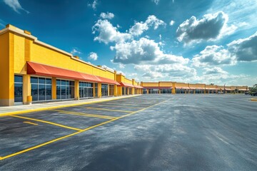 Modern Shopping Hub Structure Under Construction with Blue Skies and Clouds Above, Featuring Expansive Car Park and Horizontal Design