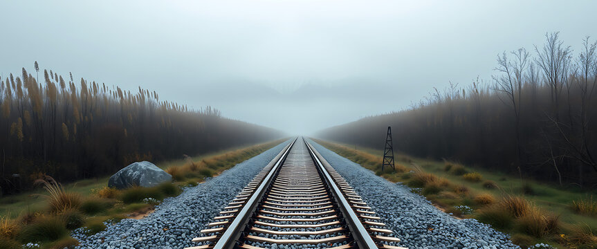 railway in the fog | Straight Railway Track Through Misty Landscape Surrounded by Trees and Grasslands