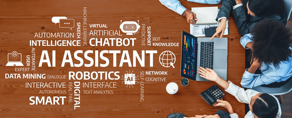 A dynamic scene showcasing a diverse team working together with an AI assistant in a modern office. The image emphasizes collaboration, innovation, and the future of digital technology. Amity