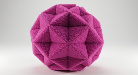 Striking studio shot of a vibrant fuchsia pink geometric polyhedron, possibly a modular origami ball or a felted sculptural object, composed of numerous interlocking star-like or triangular facets. 
