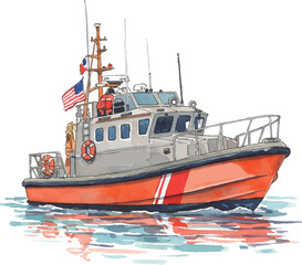 Fototapeta premium US Coast Guard Boat Watercolor Illustration