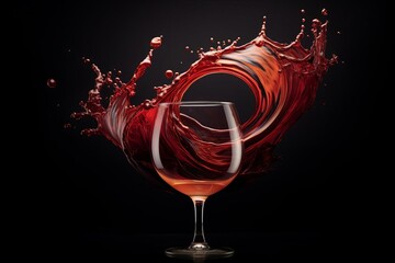 A wine glass partially filled with red liquid stands against a black background, with a splash of the same liquid forming a ring behind it.