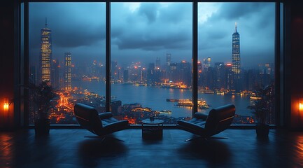 Modern Living Room Mockup with Chairs Facing Rainy City Skyline &ndash; Cozy Interior Scene with Large Window and Colorful Urban Night Lights

