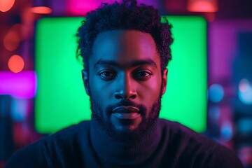 Green Screen Mockup with Person in Colorful Ambient Lighting &ndash; Gaming or Streaming Setup in Dark Room for Tech and Content Creation Themes

