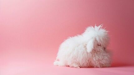Fluffy white rabbit on pink background