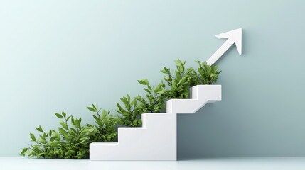 Ascend with Purpose: White Stairs Leading Upward with Arrow Symbolizing Growth and Achievement