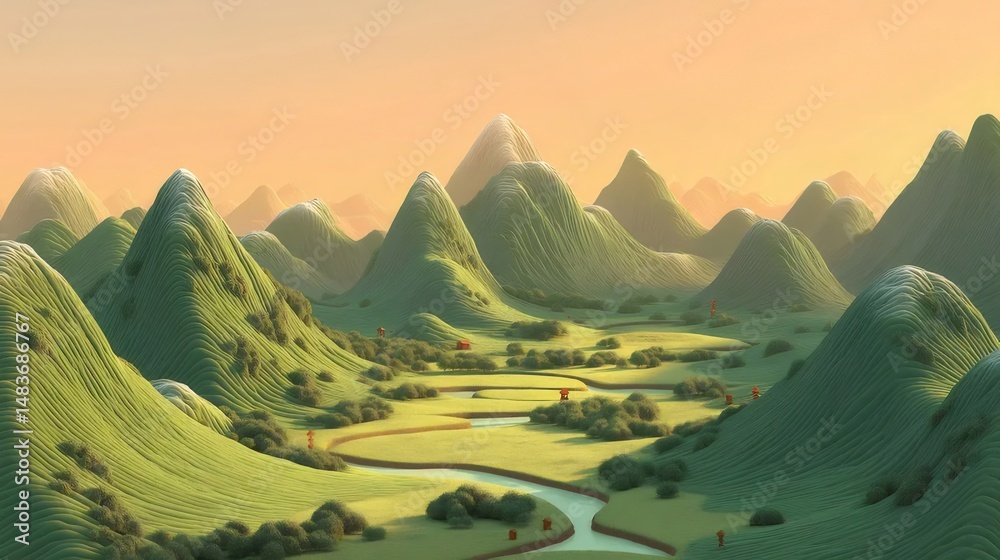 Aufkleber 緑豊かな谷と川が蛇行するパステルカラーの山岳風景 3dピクセルアート背景