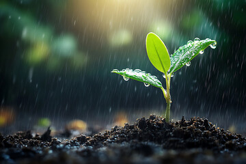 Young plant growing in soil with water drops during rain
