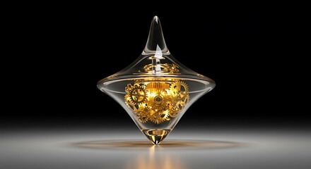 Exquisite studio shot of a meticulously crafted crystal-clear spinning top, its delicate glass casing revealing an intricate network of gleaming golden clockwork gears and cogs within.